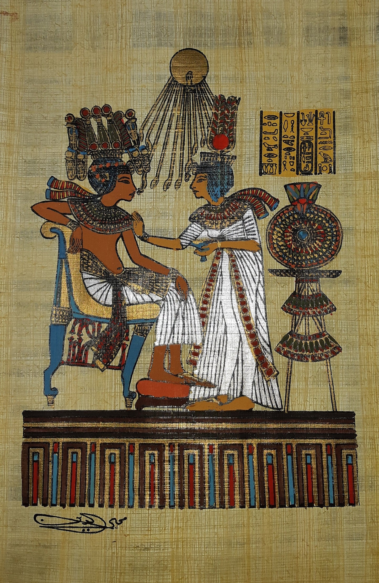 King Tut throne handmade hand painted papyrus, size 14" by 10" inches, ancient Egyptian art, Frameable.