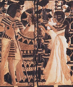 King Tut receives lotus flowers from Queen Ankhesenamun, handmade, hand painted papyrus, 17"by 14" inches, Ancient Egyptian art, Frameable
