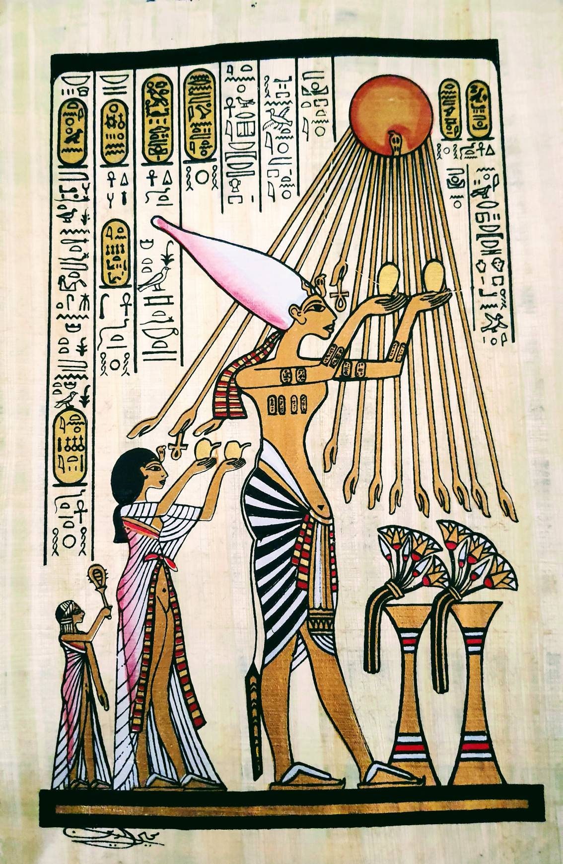 King Akenaton offering to Sun God Atun, 14x10 Handmade Hand Painted Papyrus, Ancient Egyptian art, Frameable