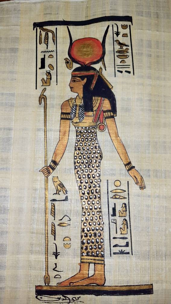 Goddess Hathor "Goddes of Love, Beauty, Music, Dancing& fertility14"×10" Handmade, Handpainted papyrus, ancient Egyptian Wall art, frameable
