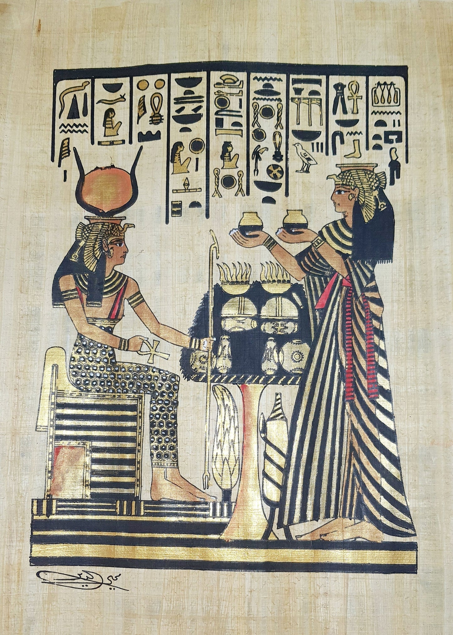 Queen Nefertari offering incense to goddess Isis, 15"x12" Hand made, Hand painted Egypt papyrus, ancient Egyptian Wall art, Frameable