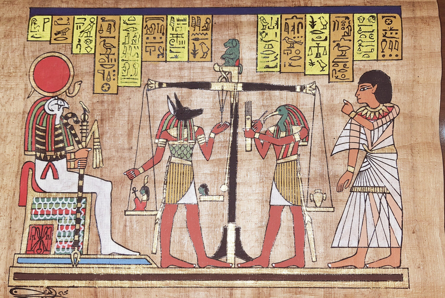 Weighing of the Heart " Judgment by the Gods" Brown vintage handmade Egypt Papyrus, 14" by 10" inches, Ancient Egyptian art, Frameable.