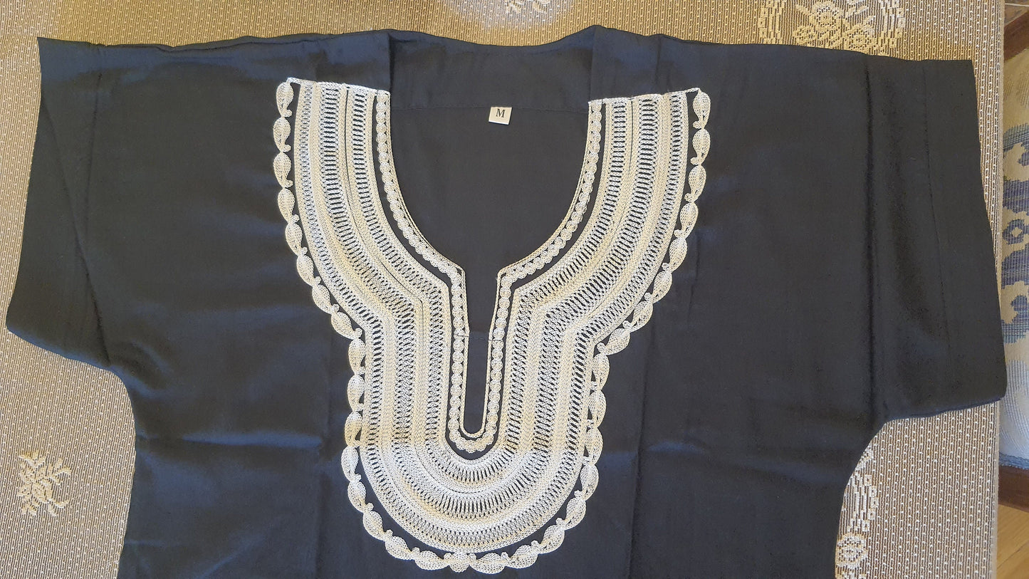 Simply slim Midnight black dress/kaftan with tribal Saharan embroidery, 80% Egyptian finest cotton, Casual Summer dress.