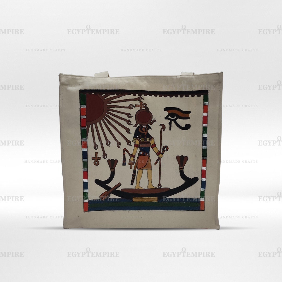 Canvas Tote Bag, 100% Egyptian cotton women Handbag,Multi-pocket with hand painted Egyptian God Raa on his solar boat.