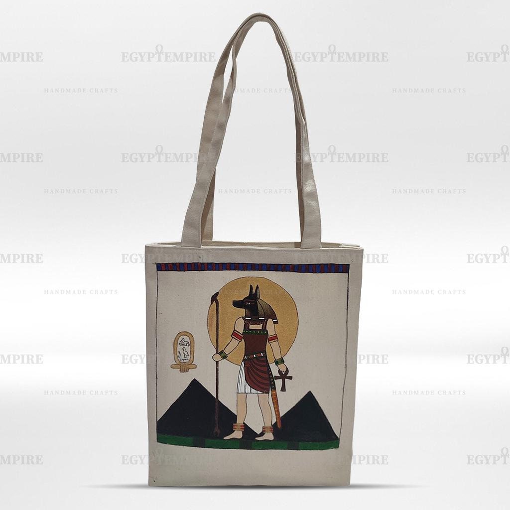 Canvas Tote Bag, 100% Egyptian cotton women Handbag,Multi-pocket with hand painted Egyptian God Anubis.