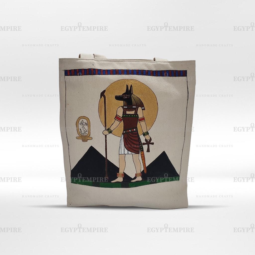Canvas Tote Bag, 100% Egyptian cotton women Handbag,Multi-pocket with hand painted Egyptian God Anubis.