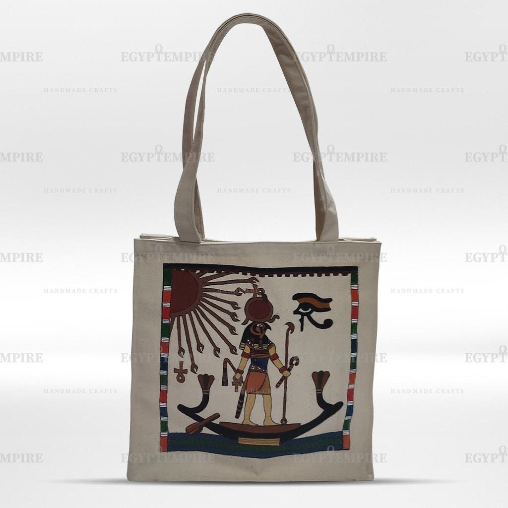 Canvas Tote Bag, 100% Egyptian cotton women Handbag,Multi-pocket with hand painted Egyptian God Raa on his solar boat.