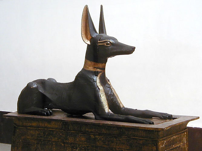 Seated Anubis shrine in Tut Ankk Amon tomb, 12" x 8" Handmade, Hand painted Egypt Papyrus, Frameable
