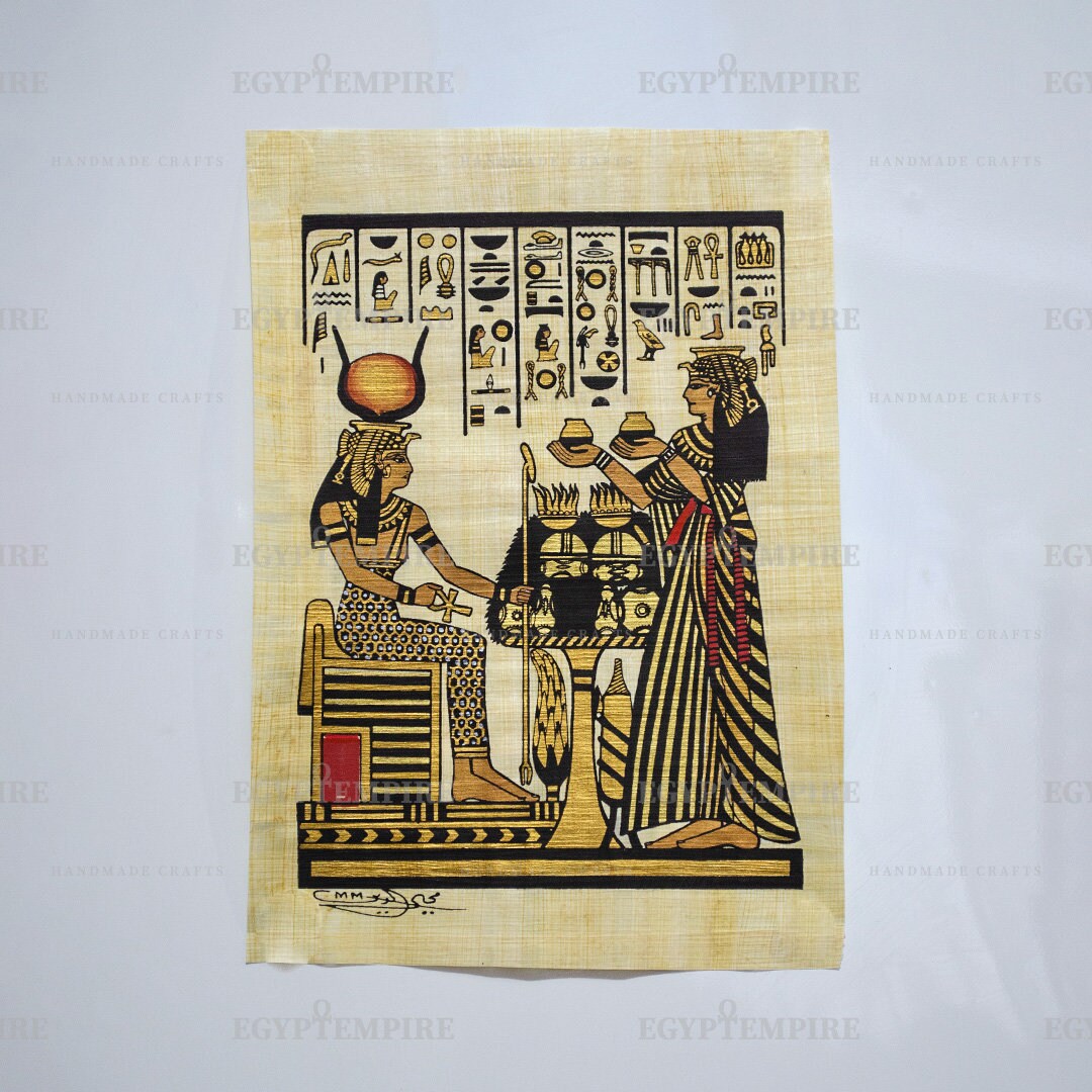 Queen Nefertari offering incense to goddess Isis, 15"x12" Hand made, Hand painted Egypt papyrus, ancient Egyptian Wall art, Frameable
