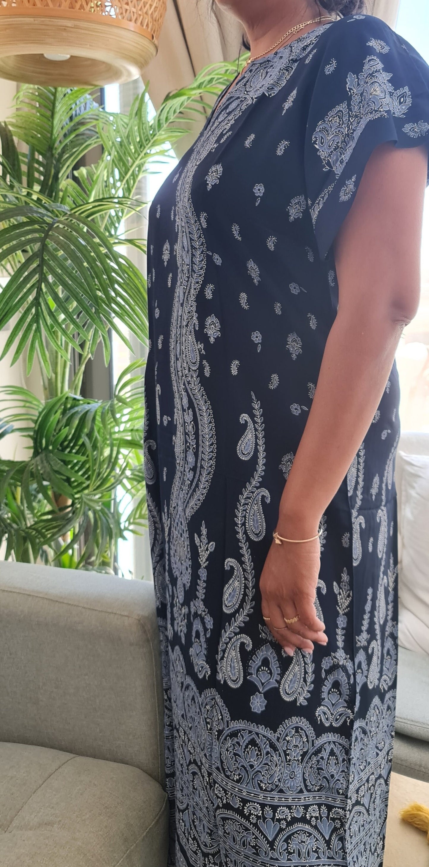 Boho patterned deep blue dress/kaftan for women, 100% Egyptian cotton, Embroidered Egyptian Dress, Casual Summer Kaftan Dress, Gift for Her.
