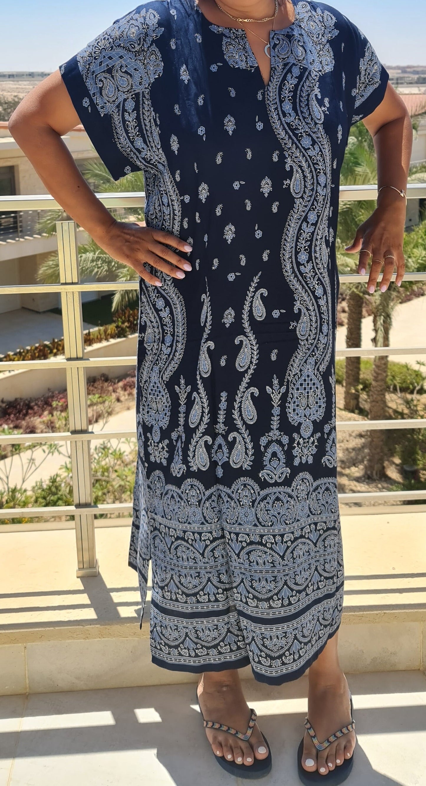 Boho patterned deep blue dress/kaftan for women, 100% Egyptian cotton, Embroidered Egyptian Dress, Casual Summer Kaftan Dress, Gift for Her.