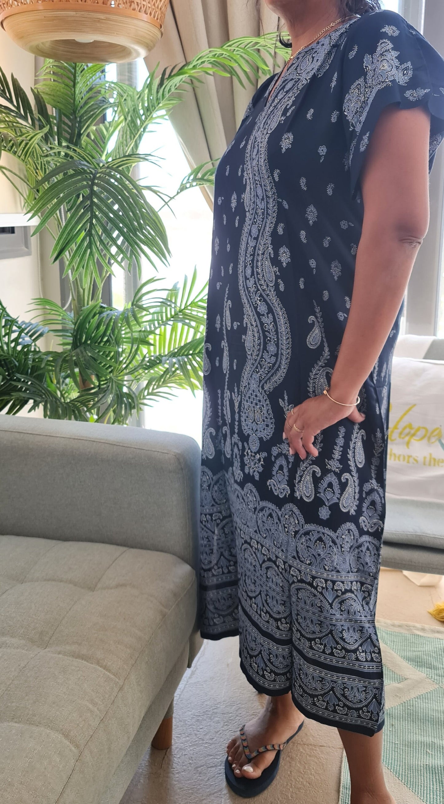 Boho patterned deep blue dress/kaftan for women, 100% Egyptian cotton, Embroidered Egyptian Dress, Casual Summer Kaftan Dress, Gift for Her.