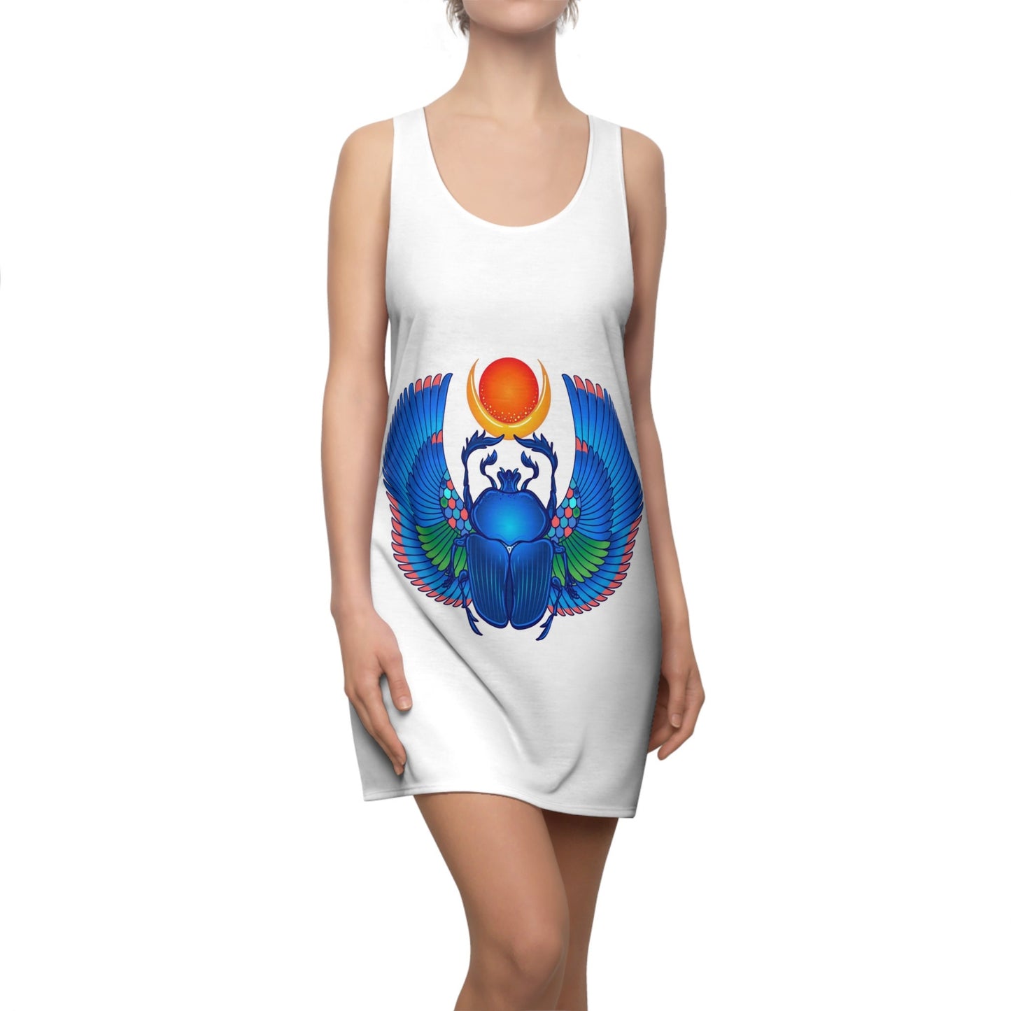 Ancient Egypt Women's Cut & Sew Racerback Dress, Summer Women Dress, Print dress, Blue Flying scarab, Polyster Racerback, gift for her