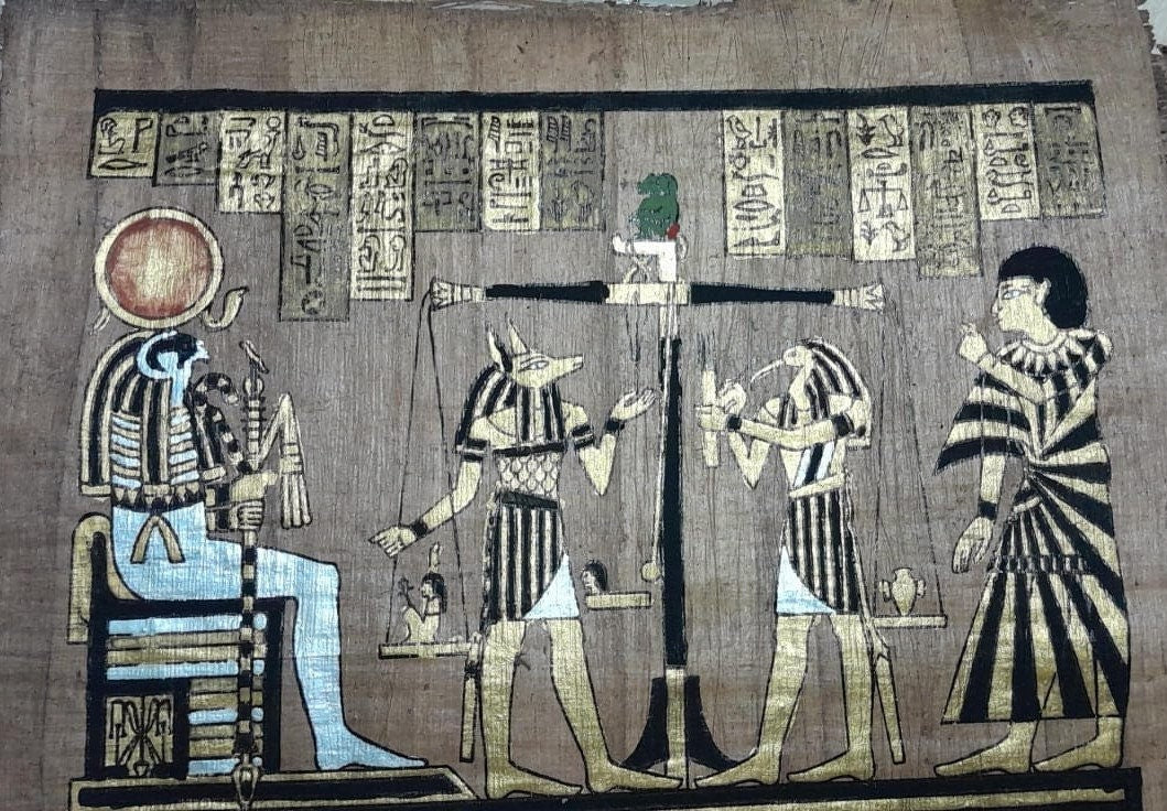 Weighing of the Heart " Judgment by the Gods" Brown vintage handmade Egypt Papyrus, 14" by 10" inches, Ancient Egyptian Wall art.