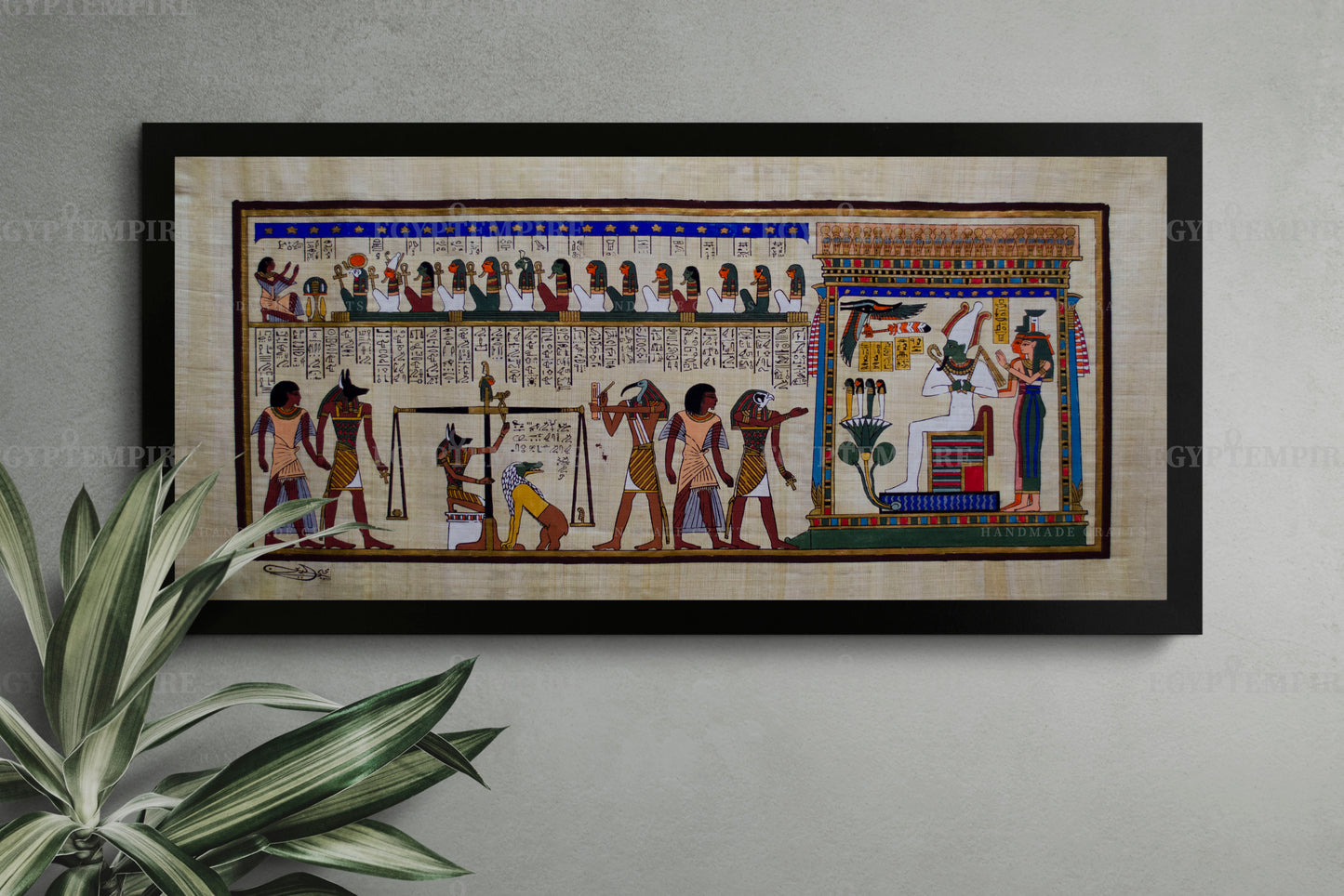 Weighing of the Heart " Judgment by the Gods" Amit, handmade hand painted Egypt Papyrus, 40" by 14" inches, Ancient Egyptian art, Frameable.