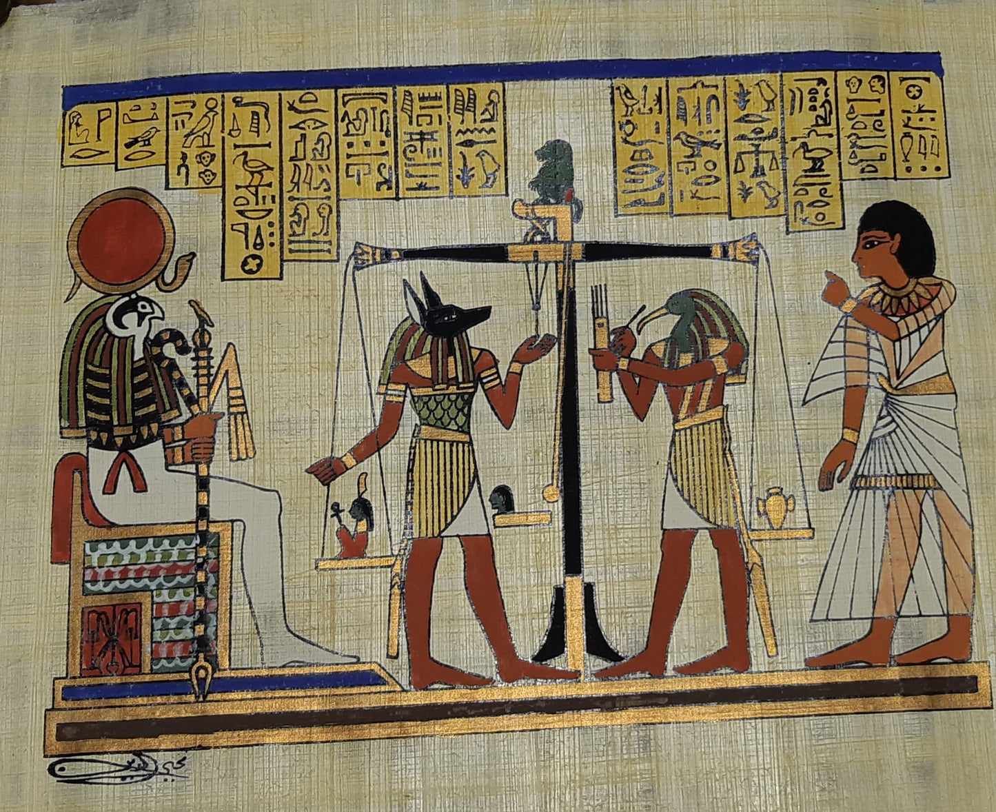 Weighing of the Heart " Judgment by the Gods" handmade hand painted Egypt Papyrus, 14" by 10" inches, Ancient Egyptian art, Frameable.