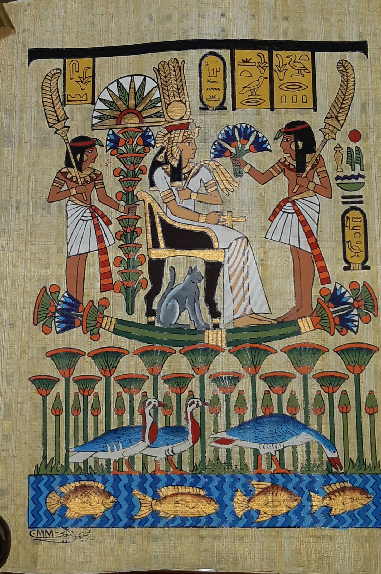 Queen Nefertari journey on the Nile handmade & hand painted Egypt Papyrus, 17" by 14" inches, Ancient Egyptian art, Frameable.