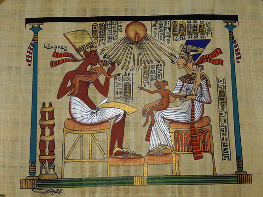 King Akhenatun& Queen Nefertiti with their 3 daughters, handmade hand painted papyrus. 14" by 17" inches, Ancient Egyptian art, Frameable.