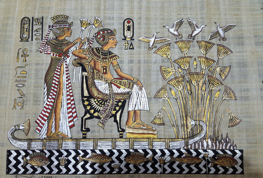 King Tutankhamun and Queen Ankhesnamun journey on Nile Boat, Unique Ancient Egyptian Papyrus Painting, Hand-Painted Art from Egypt, Wall art