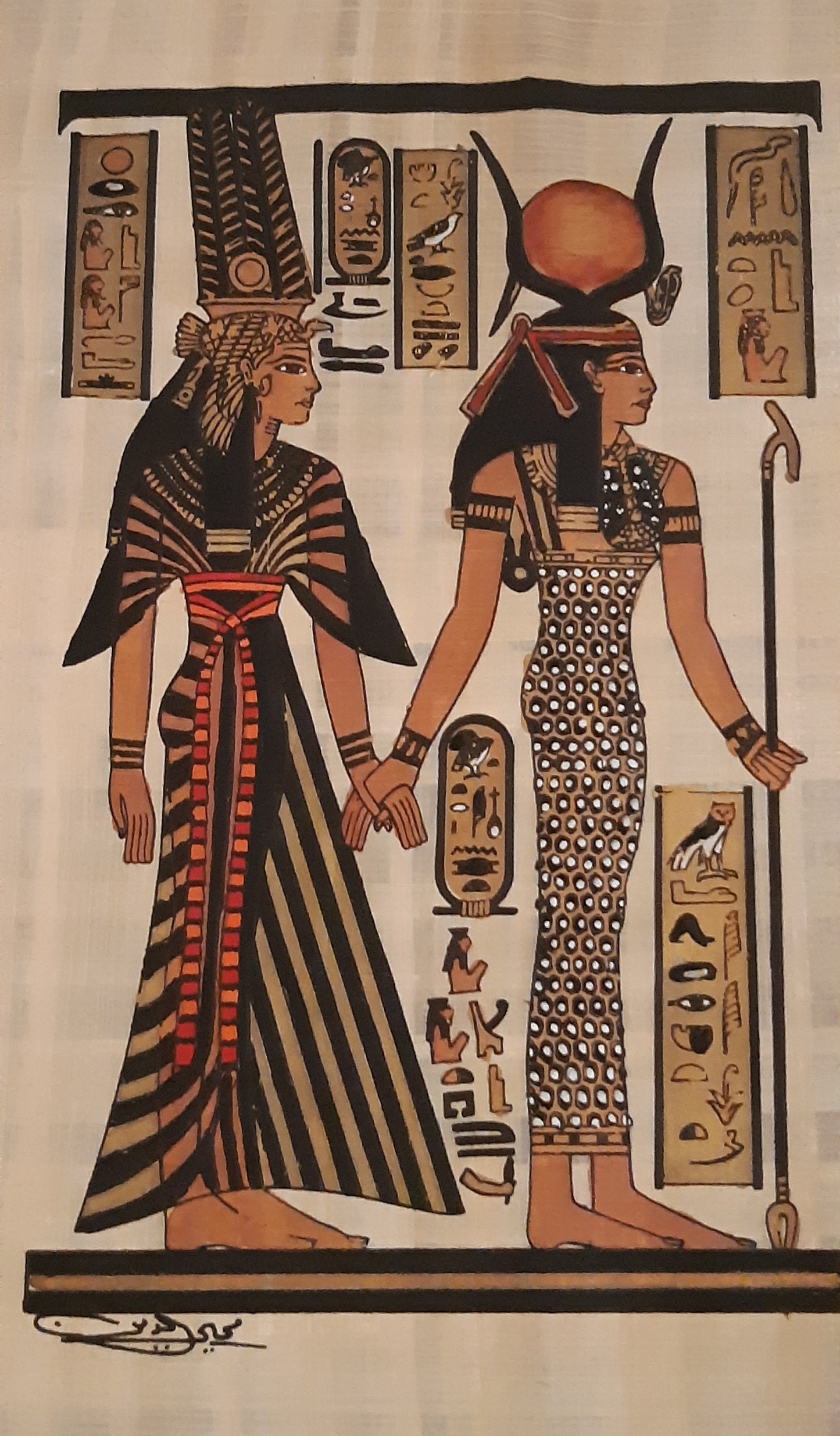 Queen Nefertari & goddess ISIS, handmade, handpainted  Egypt papyrus, 14"X10" inches, Ancient Egyptian art, Frameable