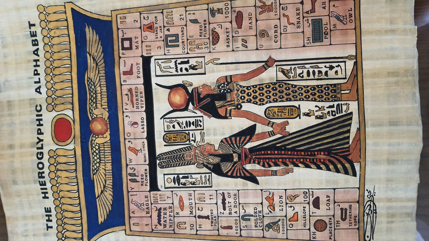 Queen Nefertari and ISIS with Hieroglyphics alphabet, 17"x14" Handmade, Hand-Painted Papyrus, Ancient Egyptian Art, Frameable