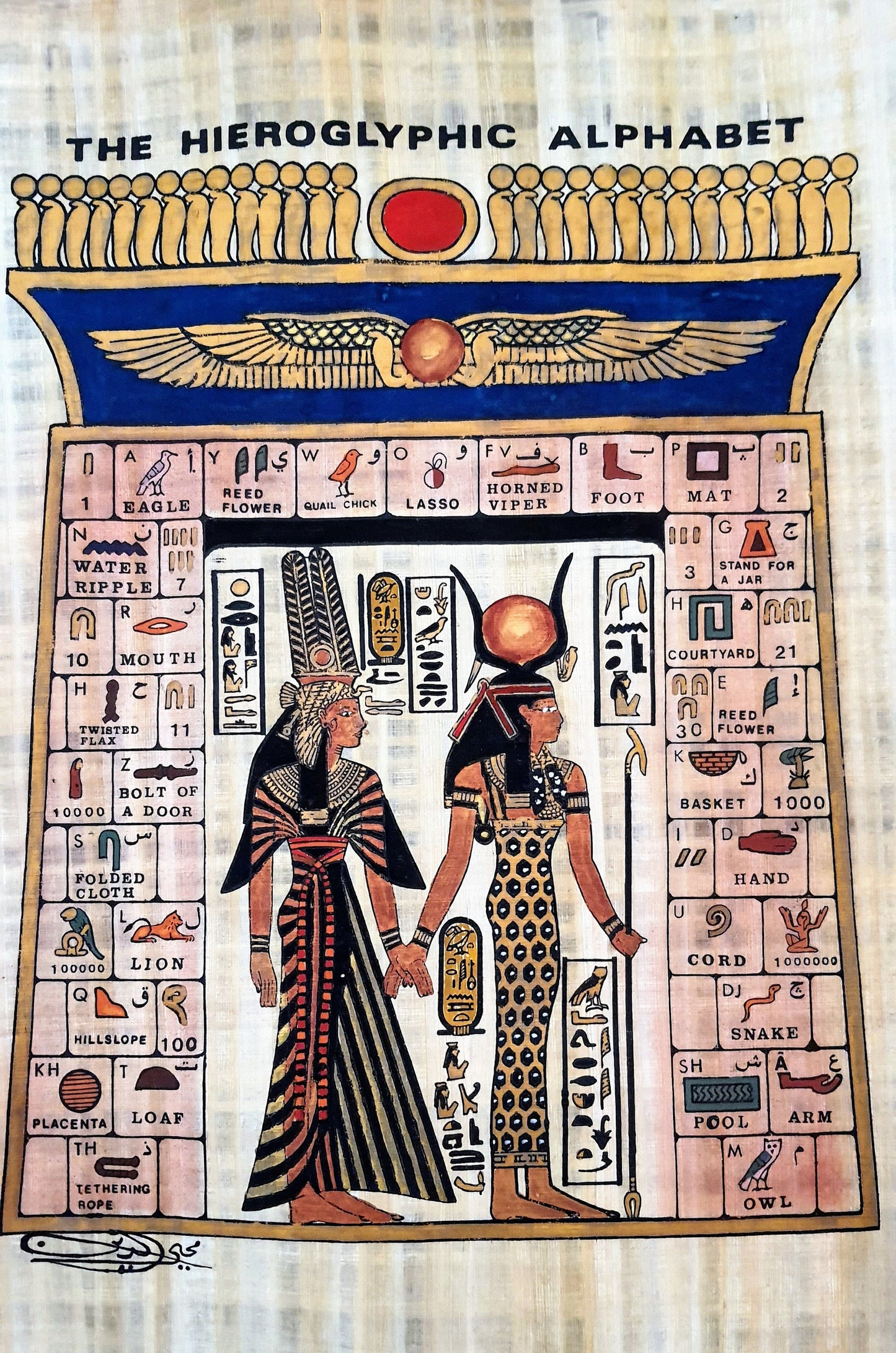 Queen Nefertari and ISIS with Hieroglyphics alphabet, 17"x14" Handmade, Hand-Painted Papyrus, Ancient Egyptian Art, Frameable