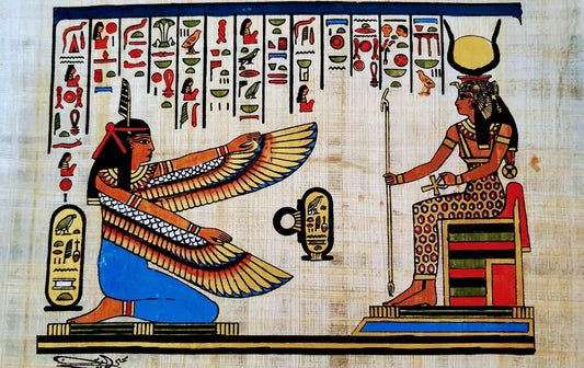 Goddess Maat with Goddes Hathour. 14x10 inches.Hand made, hand painted Egypt papyrus. Ancient Egyptian Art