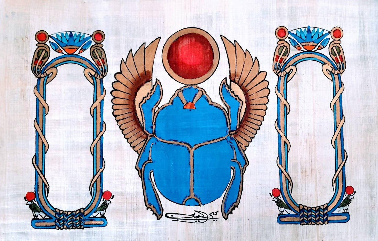 Ancient Egyptian Scarab, 14x10 Handmade, Hand Painted Egypt Papyrus, frameable, Egyptian art