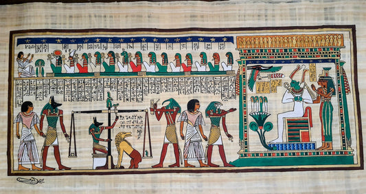 Weighing of the Heart " Judgment by the Gods" Amit, handmade hand painted Egypt Papyrus, 40" by 14" inches, Ancient Egyptian art, Frameable.