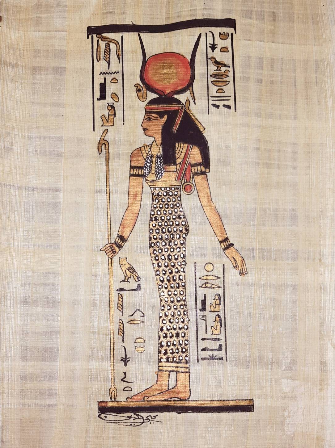 Goddess Hathor 14"×10" Handmade, Handpainted papyrus, ancient Egyptian art, frameable