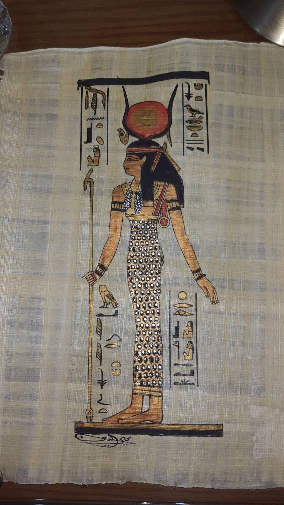 Goddess Hathor 14"×10" Handmade, Handpainted papyrus, ancient Egyptian art, frameable