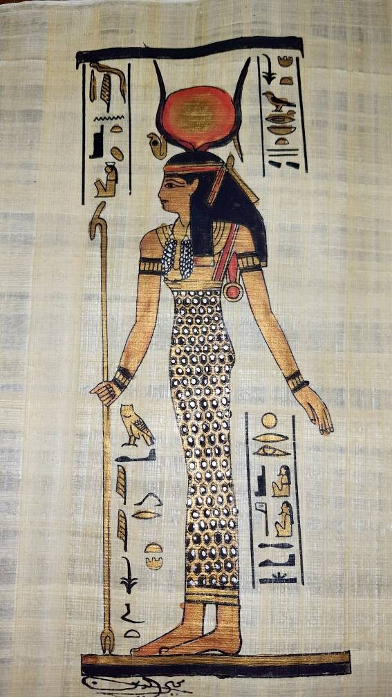 Goddess Hathor 14"×10" Handmade, Handpainted papyrus, ancient Egyptian art, frameable