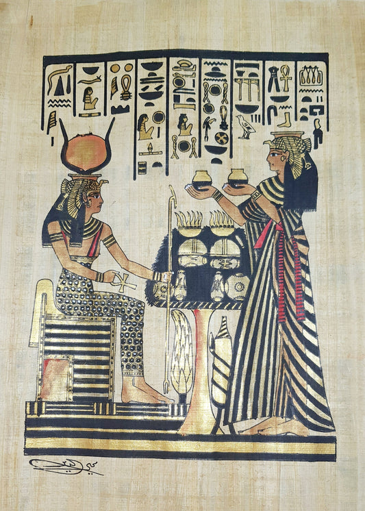 Queen Nefertari offering incense to goddess Isis, 15"x12" Hand made, Hand painted Egypt papyrus, ancient Egyptian Wall art, Frameable