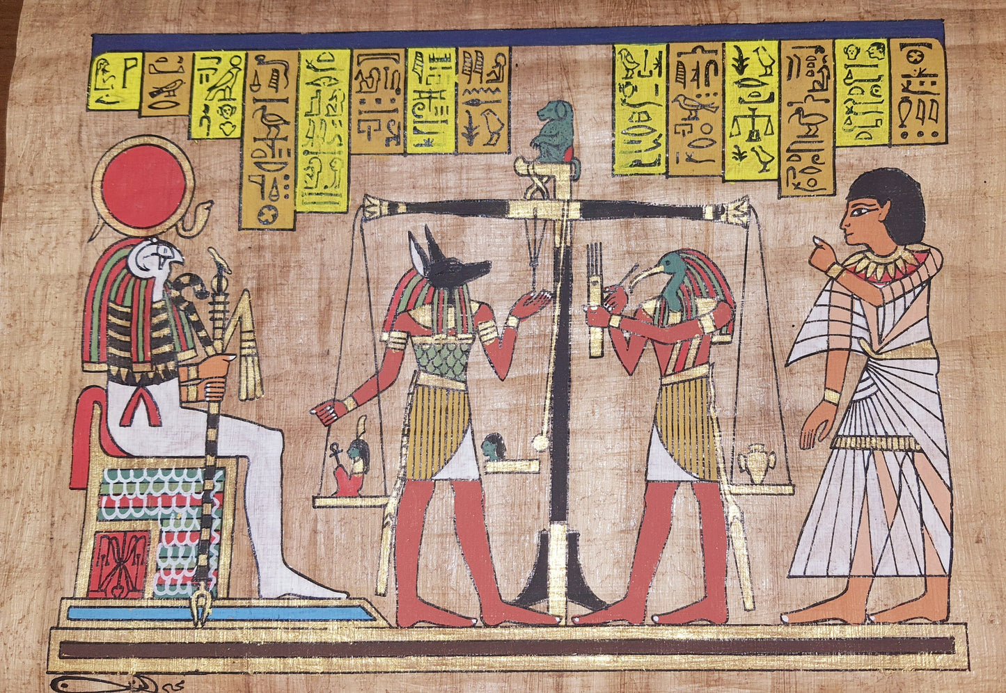 Weighing of the Heart " Judgment by the Gods" Brown vintage  handmade  Egypt Papyrus, 14" by 10" inches, Ancient Egyptian Wall art.