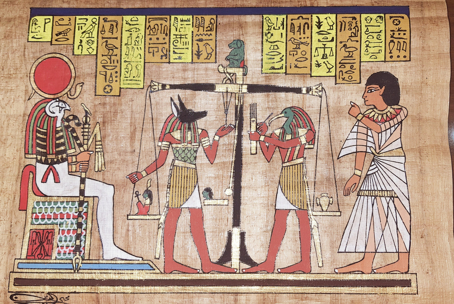 Weighing of the Heart " Judgment by the Gods" Brown vintage  handmade  Egypt Papyrus, 14" by 10" inches, Ancient Egyptian Wall art.