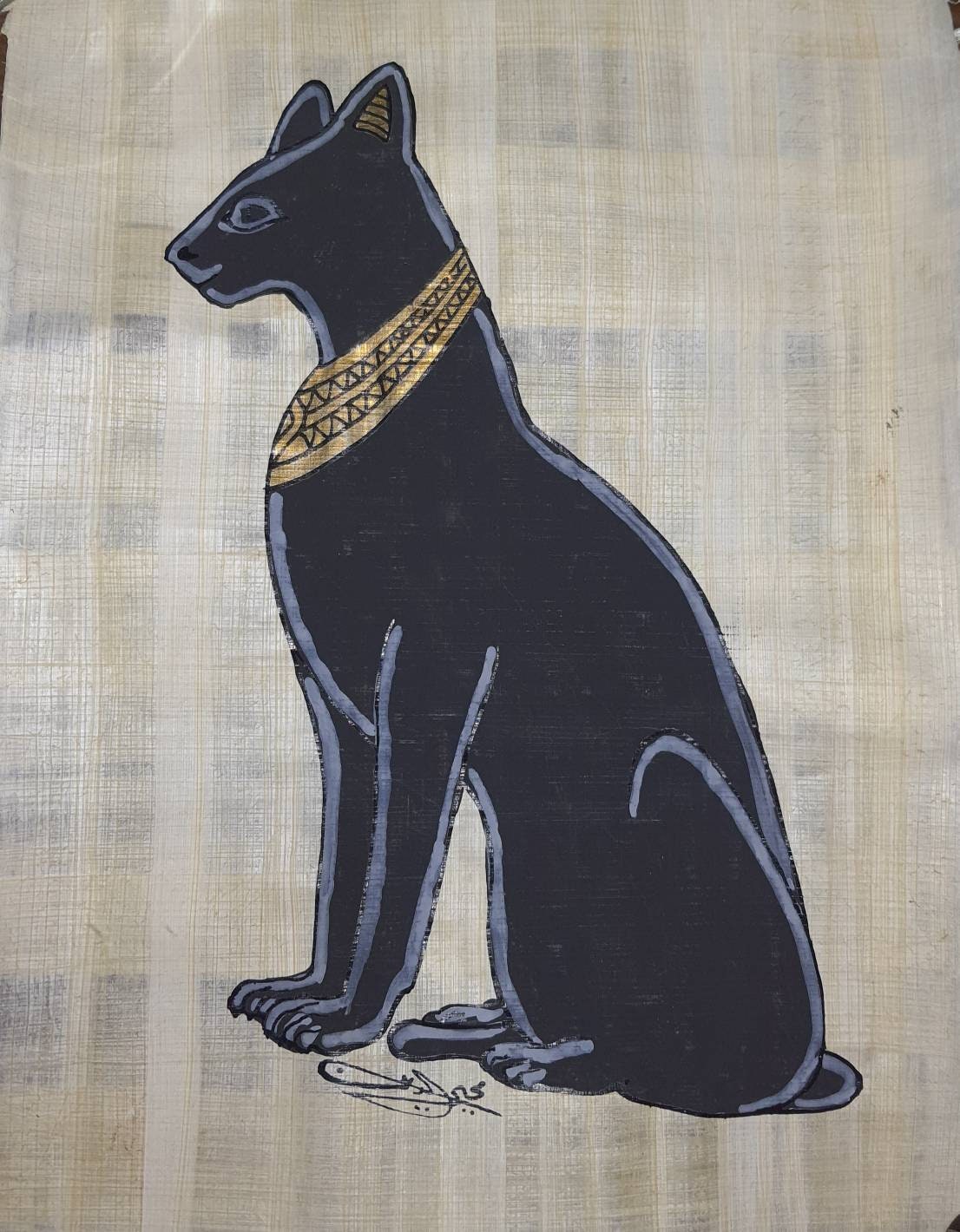 Bastet the Cat God, 8"x12" Handmade, Hand Painted Egyptian Papyrus art, Frameable