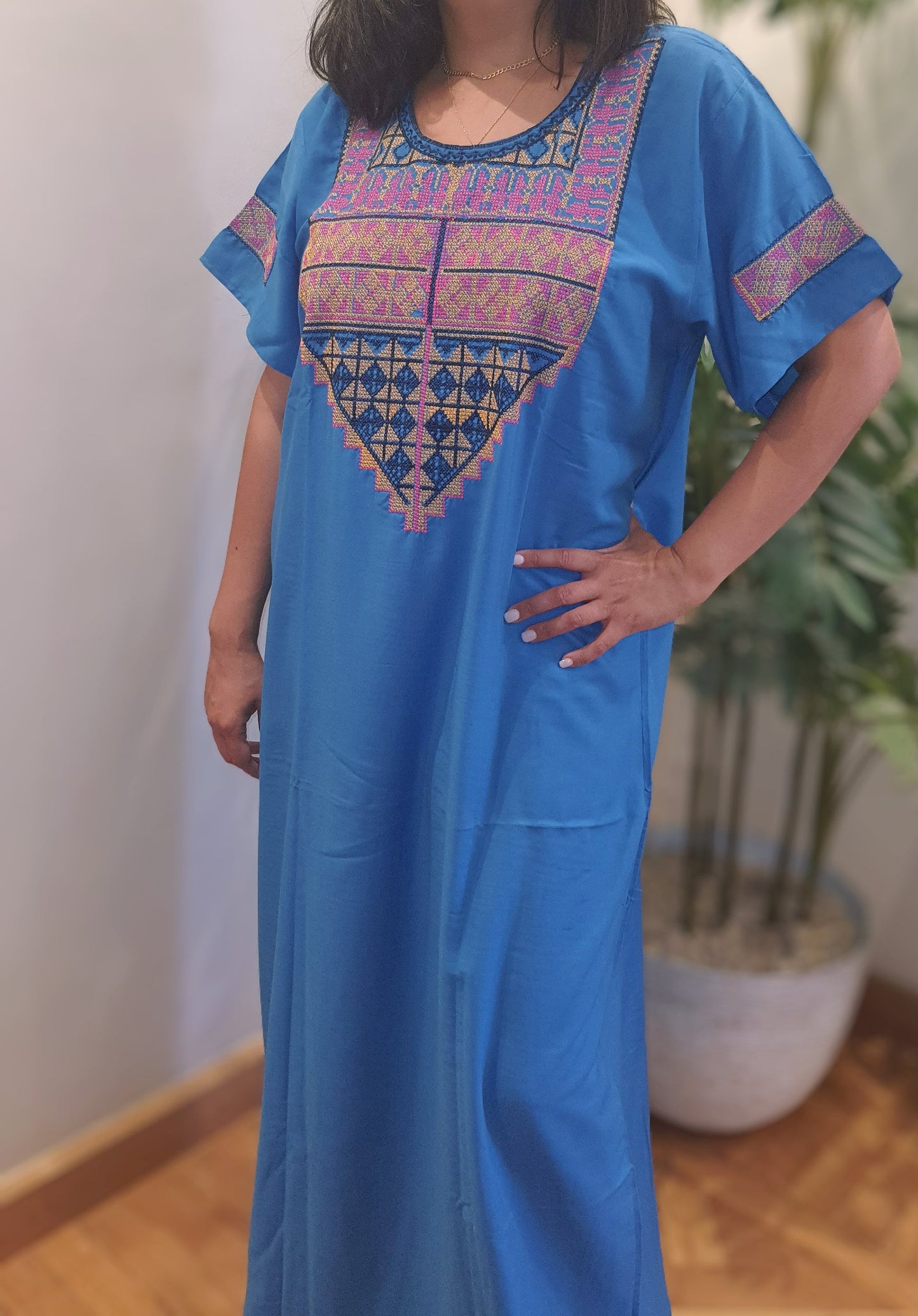 Aqua Turquoise dress/kaftan with tribal Saharan embroidery, 80% Egyptian cotton, Casual Summer dress.