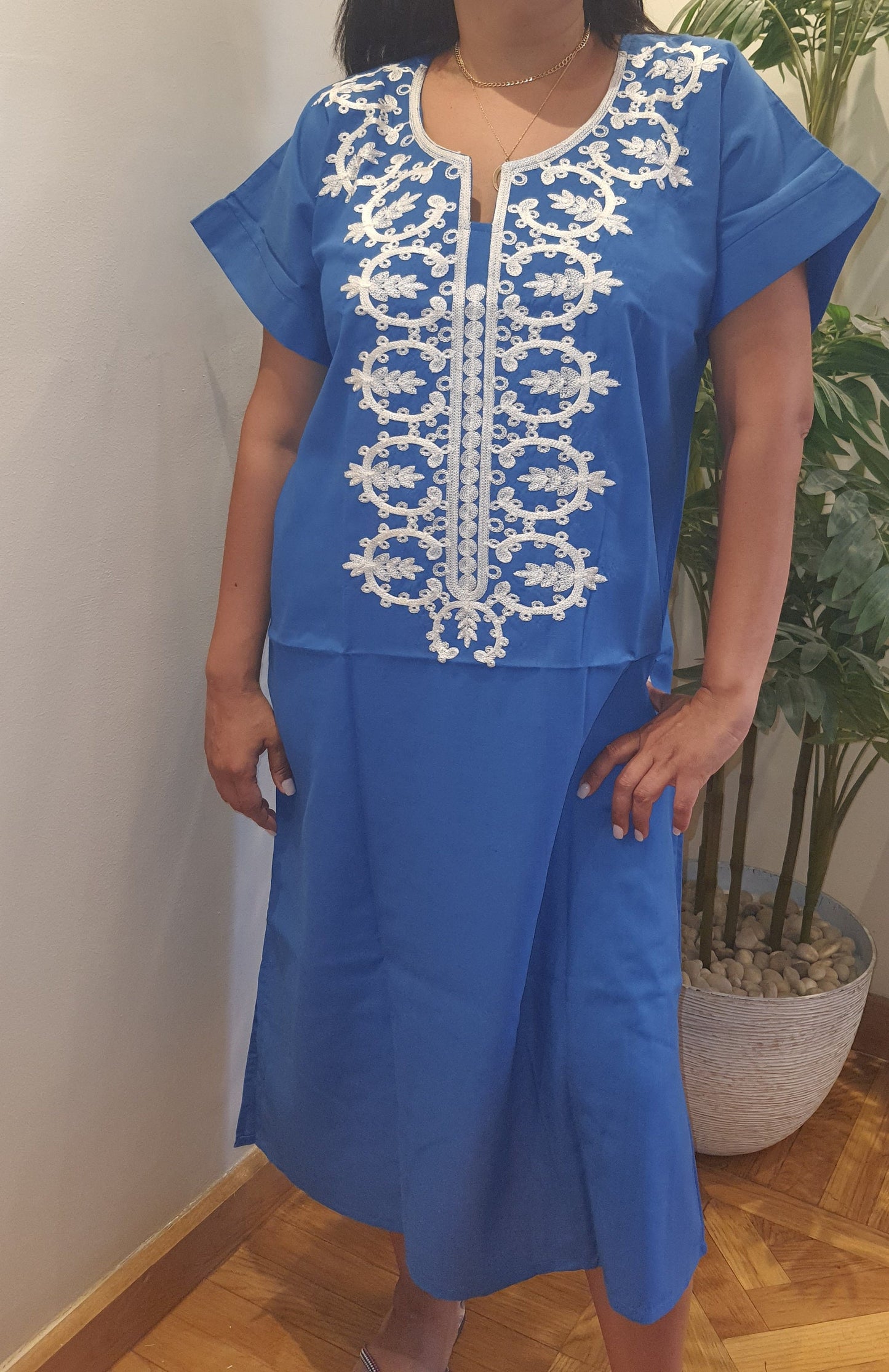 Aqua blue dress/kaftan, floral patterns, 80% Egyptian cotton, Casual Summer dress.