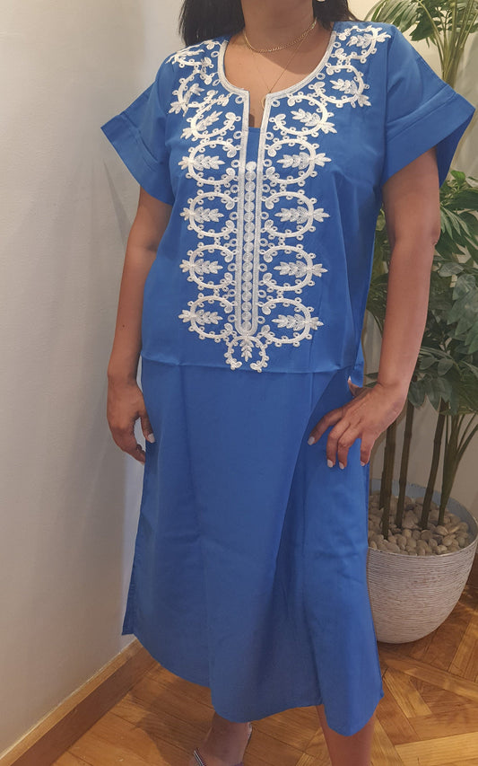 Aqua blue dress/kaftan, floral patterns, 80% Egyptian cotton, Casual Summer dress.