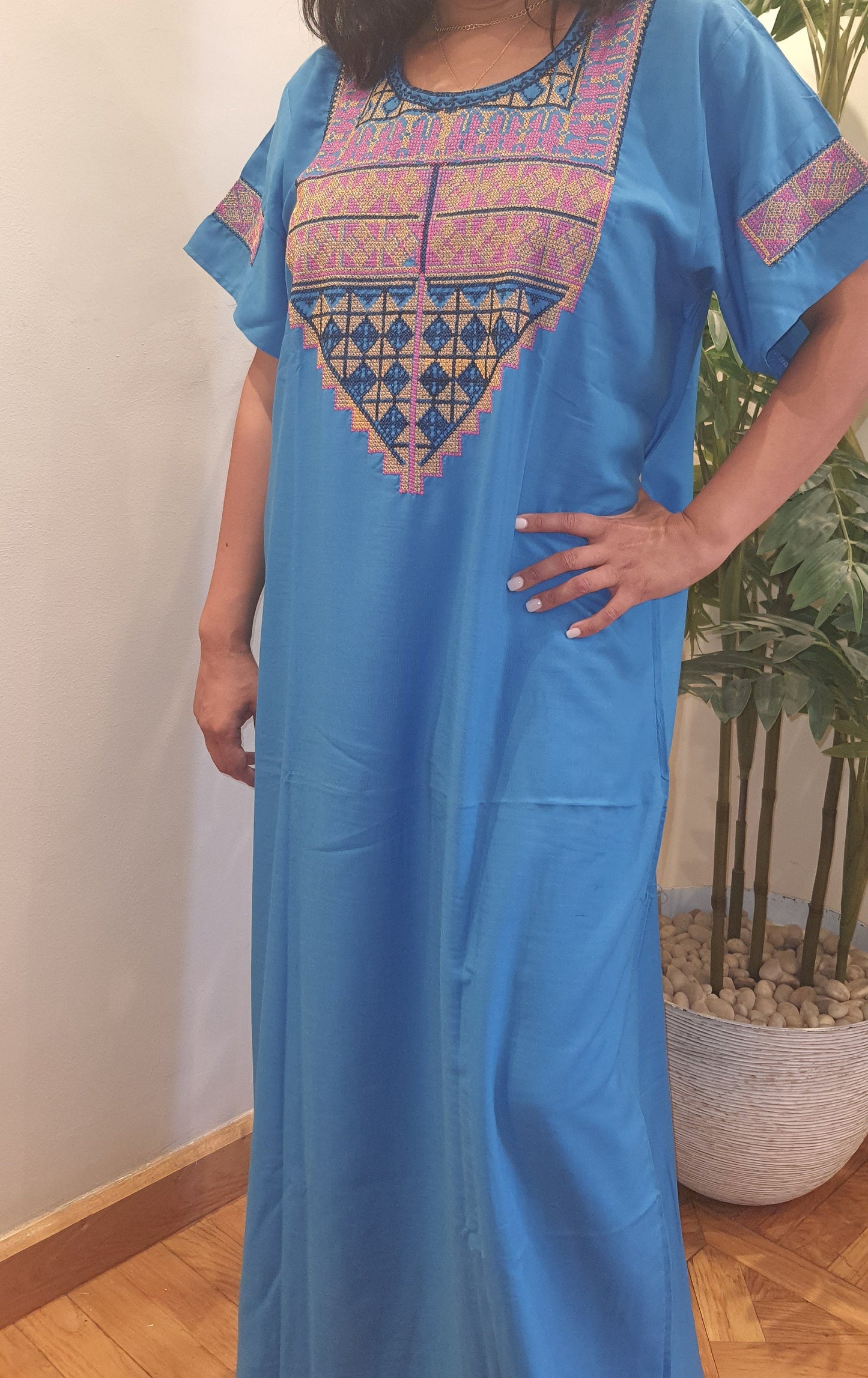 Aqua Turquoise dress/kaftan with tribal Saharan embroidery, 80% Egyptian cotton, Casual Summer dress.