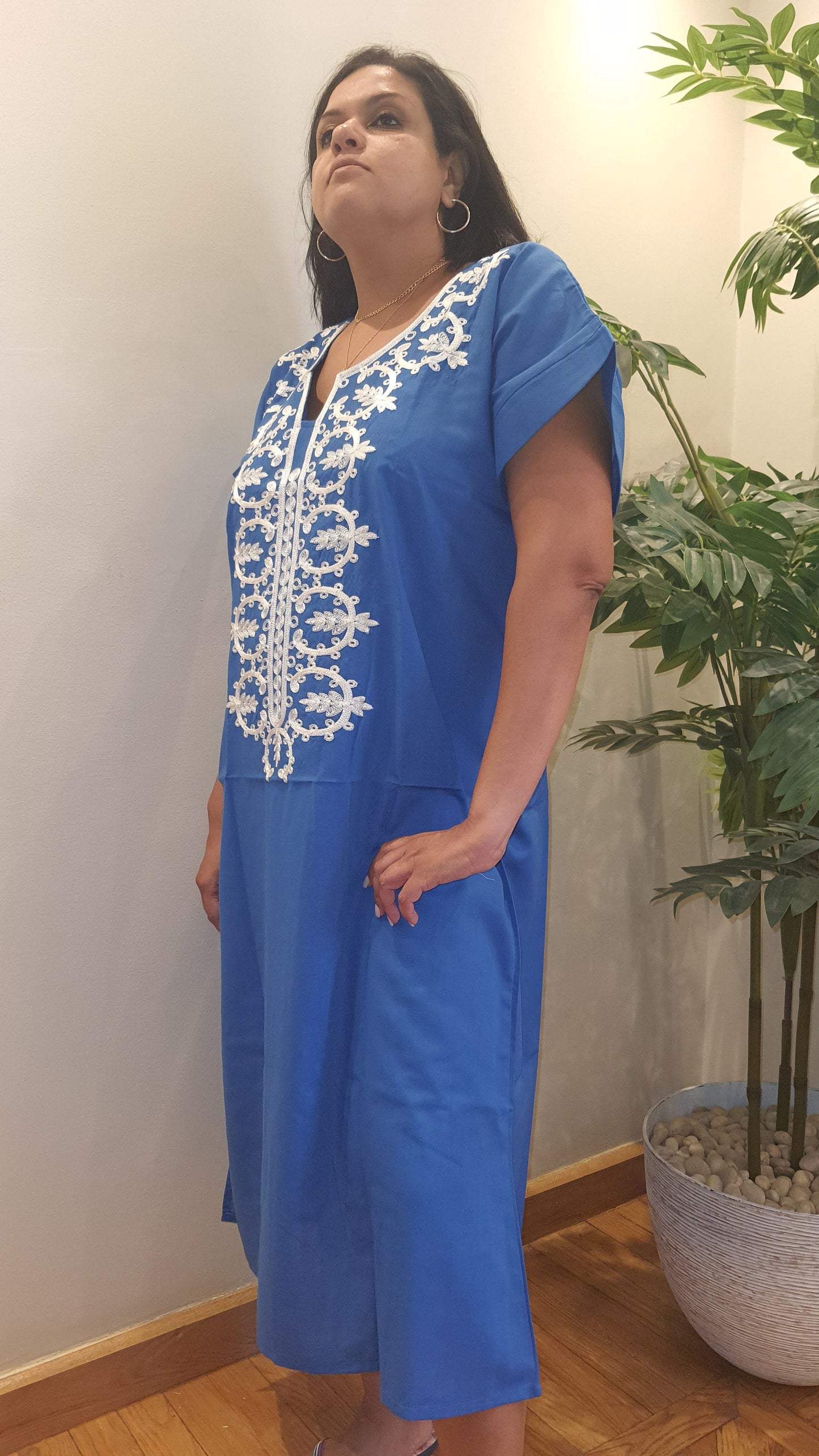 Aqua blue dress/kaftan, floral patterns, 80% Egyptian cotton, Casual Summer dress.