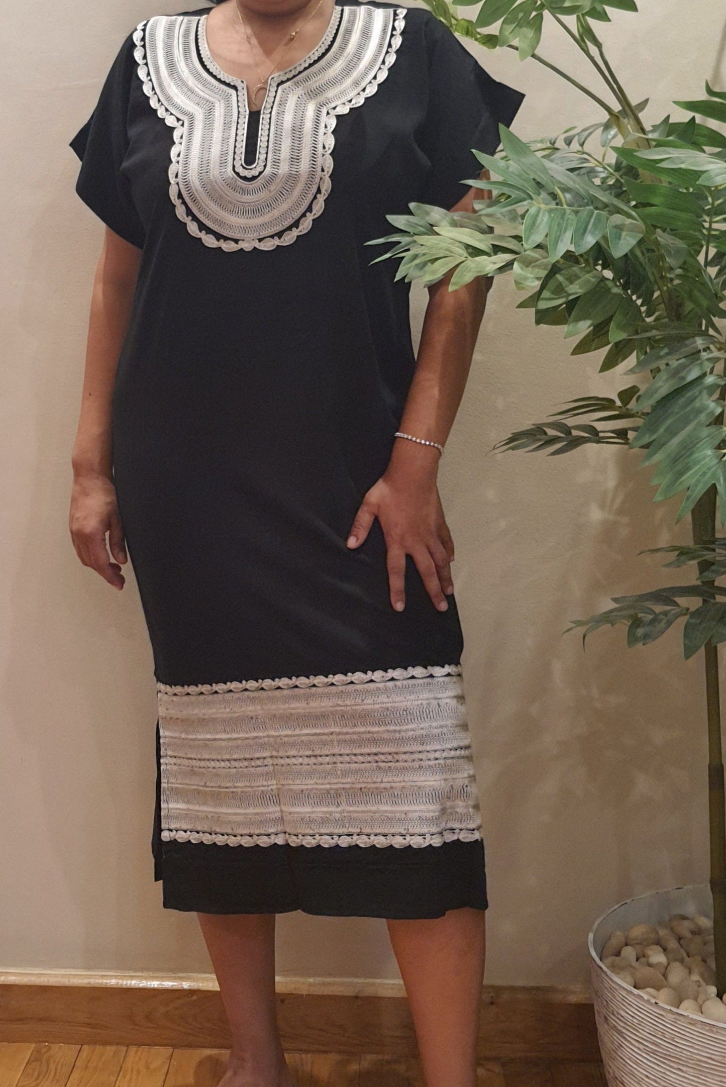 Simply slim Midnight black dress/kaftan with tribal Saharan embroidery, 80% Egyptian finest cotton, Casual Summer dress.