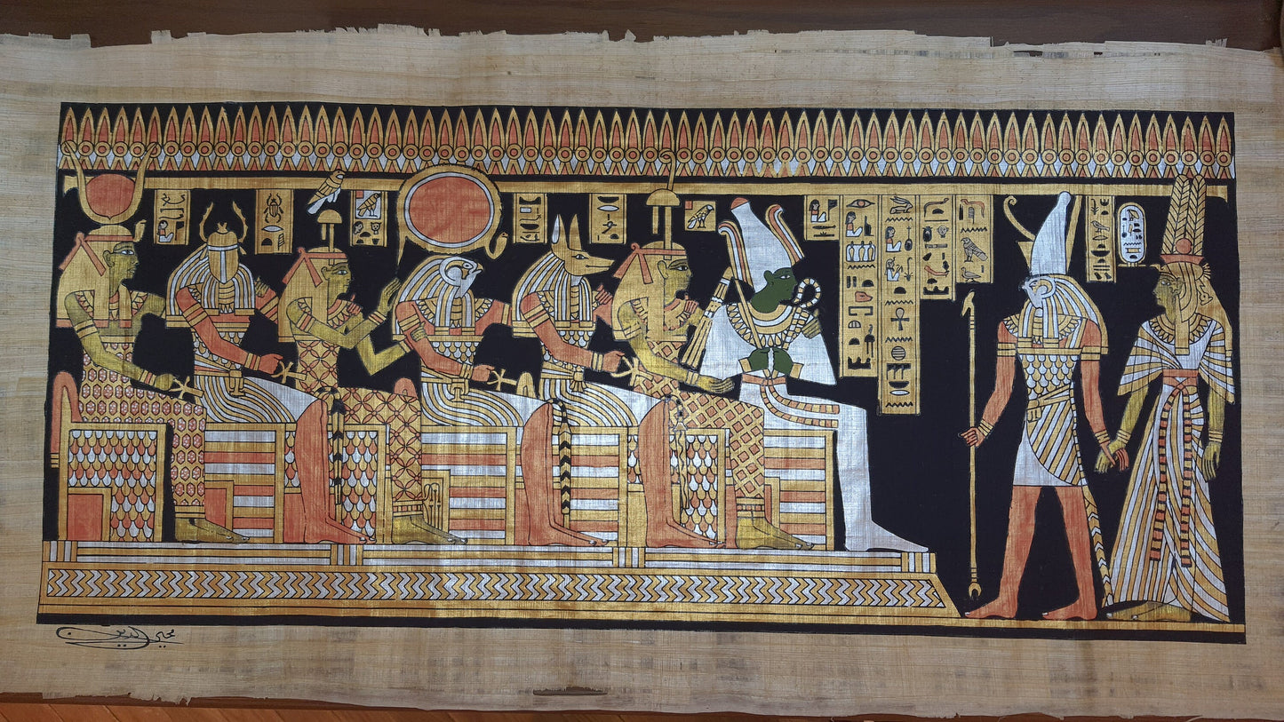 Queen Nefertari facing the Pantheon of Gods through the path to the afterlife, 40X14" Handmade, Hand-Painted Papyrus, Frameable