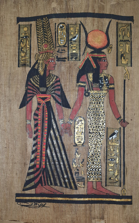 Queen Nefertari & goddess ISIS , handmade, handpainted on vintage brown Egypt papyrus, 14"X10" inches, Ancient Egyptian art, Frameable