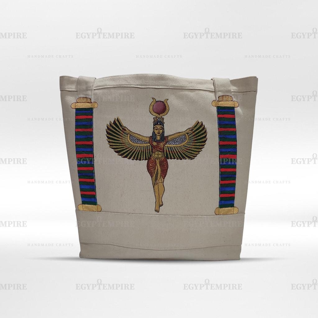 Canvas Tote Bag, 100% Egyptian cotton women Handbag, outside -pocket  with hand painted Egyptian Goddess ISIS.