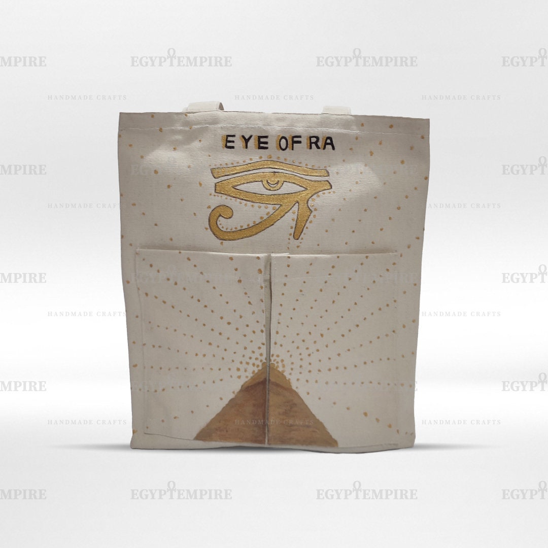Canvas Tote Bag, 100% Egyptian cotton women Handbag ,2 outside-pockets, with hand painted Eye of  Raa .