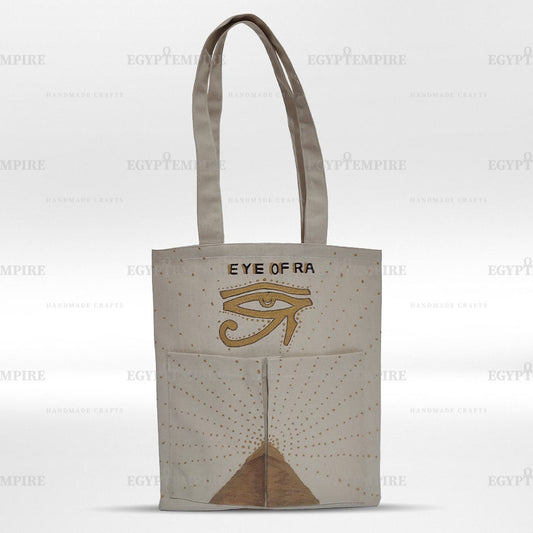 Canvas Tote Bag, 100% Egyptian cotton women Handbag ,2 outside-pockets, with hand painted Eye of  Raa .