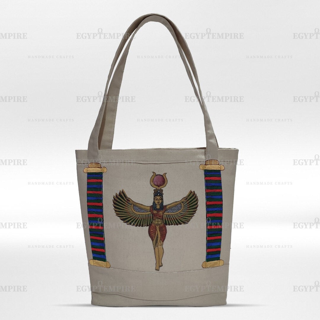Canvas Tote Bag, 100% Egyptian cotton women Handbag, outside -pocket  with hand painted Egyptian Goddess ISIS.