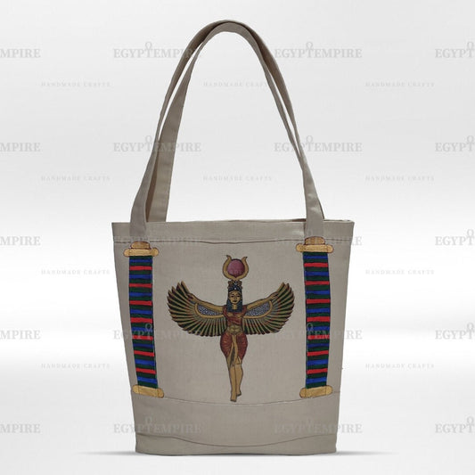 Canvas Tote Bag, 100% Egyptian cotton women Handbag, outside -pocket  with hand painted Egyptian Goddess ISIS.