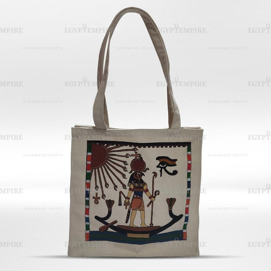 Canvas Tote Bag, 100% Egyptian cotton women Handbag,Multi-pocket  with hand painted Egyptian God Raa on his solar boat.